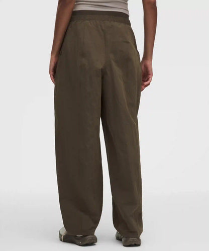 Crinkle Nylon Mid-Rise Barrel-Leg Pant