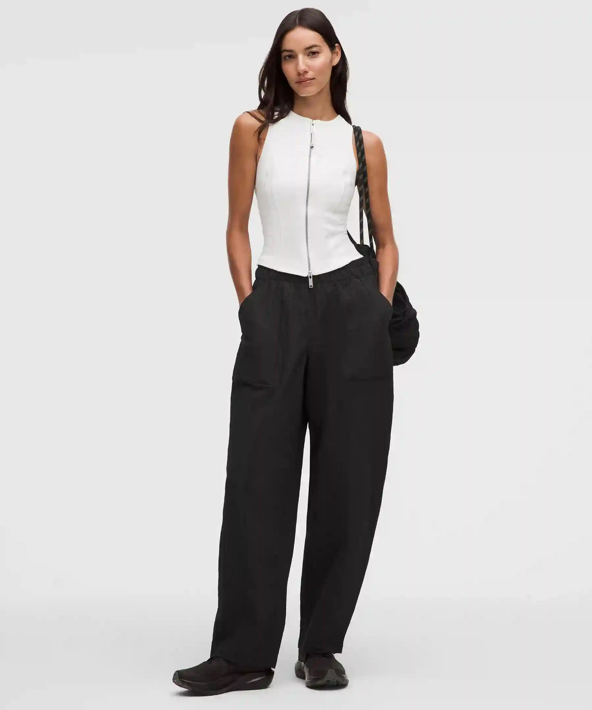 Crinkle Nylon Mid-Rise Barrel-Leg Pant
