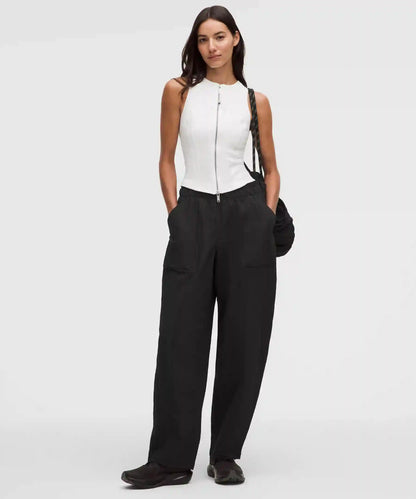 Crinkle Nylon Mid-Rise Barrel-Leg Pant