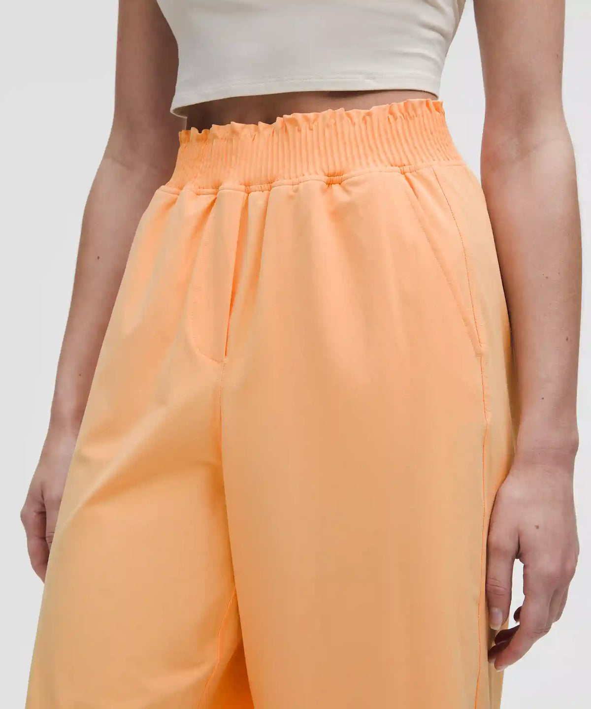 Stretch Woven Ruffle-Waist Wide-Leg Cropped Pant