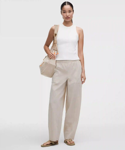 Crinkle Nylon Mid-Rise Barrel-Leg Pant