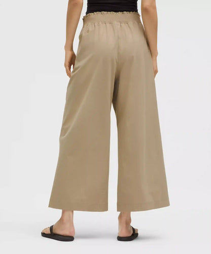 Stretch Woven Ruffle-Waist Wide-Leg Cropped Pant