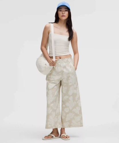 Stretch Woven Ruffle-Waist Wide-Leg Cropped Pant