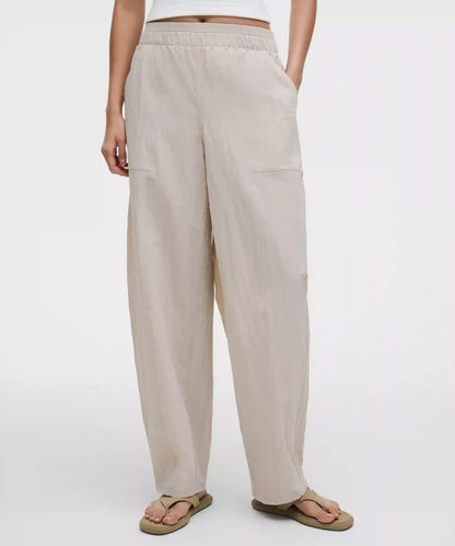 Crinkle Nylon Mid-Rise Barrel-Leg Pant