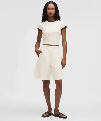 Stretch Woven Ruffle-Waist High-Rise Short 9"