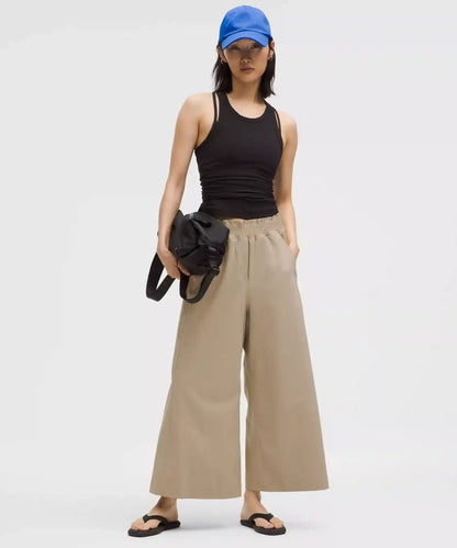 Stretch Woven Ruffle-Waist Wide-Leg Cropped Pant