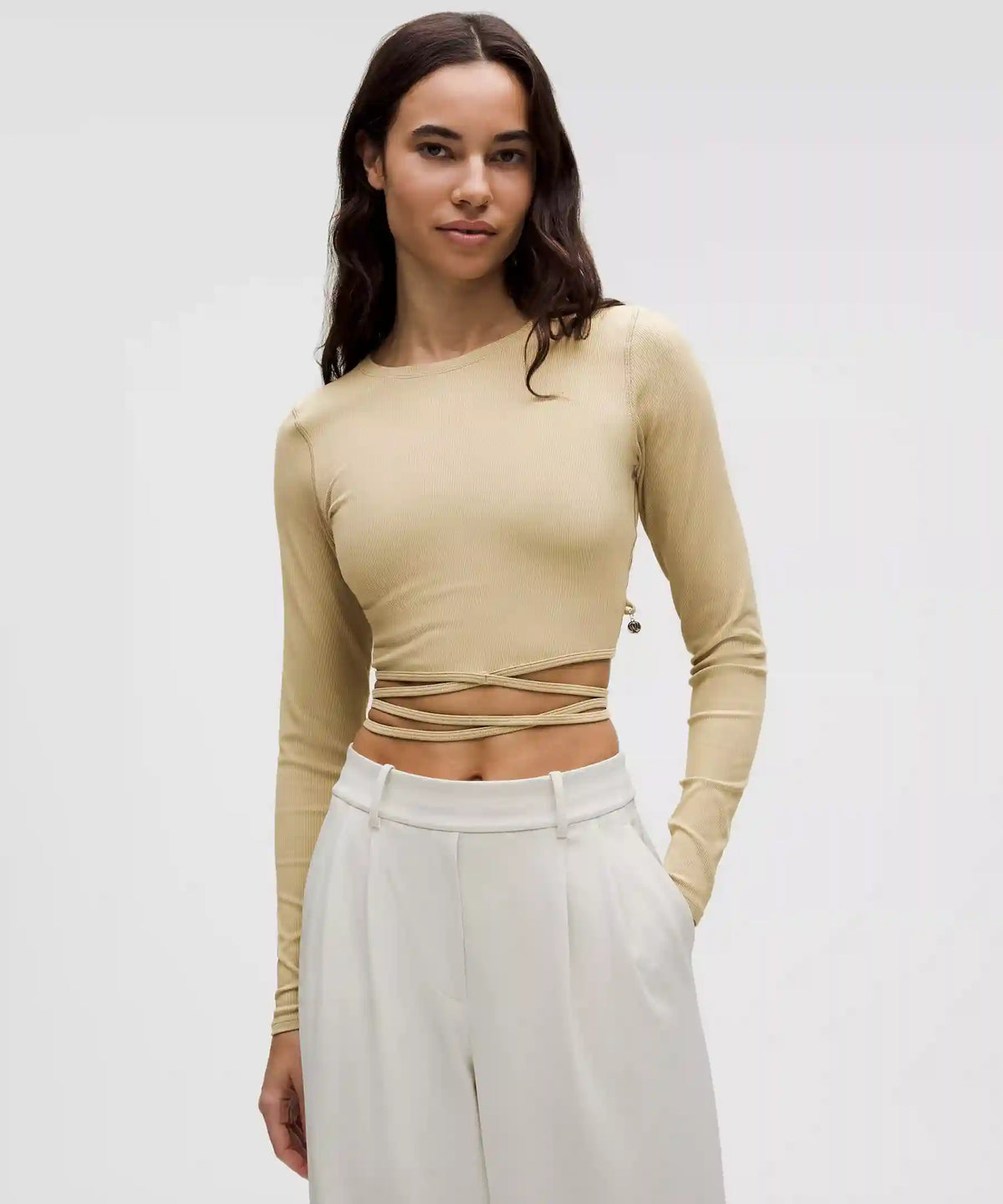 Logo Bead Ribbed Waist-Tie Long-Sleeve Shirt