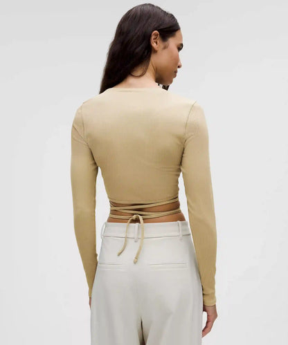 Logo Bead Ribbed Waist-Tie Long-Sleeve Shirt