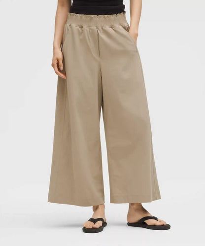Stretch Woven Ruffle-Waist Wide-Leg Cropped Pant
