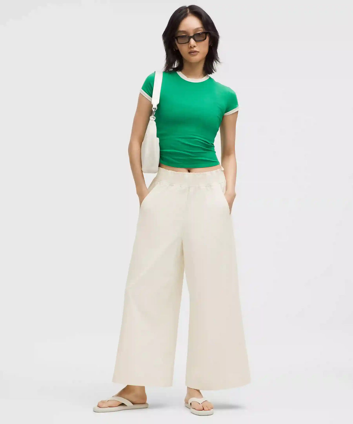 Stretch Woven Ruffle-Waist Wide-Leg Cropped Pant