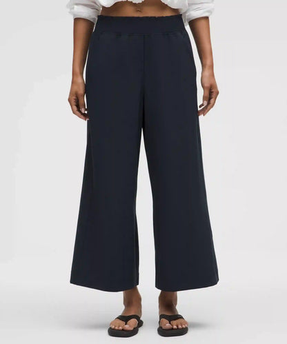 Stretch Woven Ruffle-Waist Wide-Leg Cropped Pant