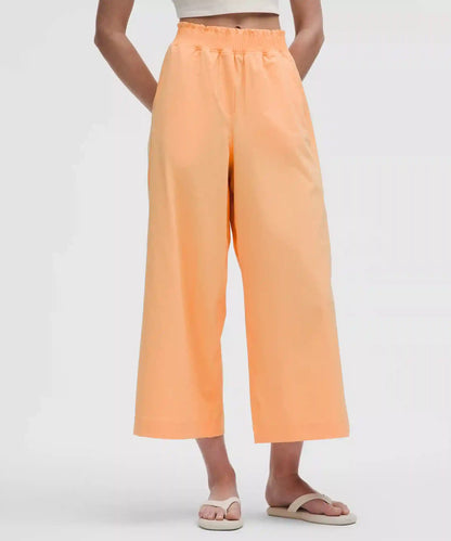Stretch Woven Ruffle-Waist Wide-Leg Cropped Pant