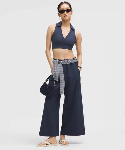 Stretch Woven Ruffle-Waist Wide-Leg Cropped Pant