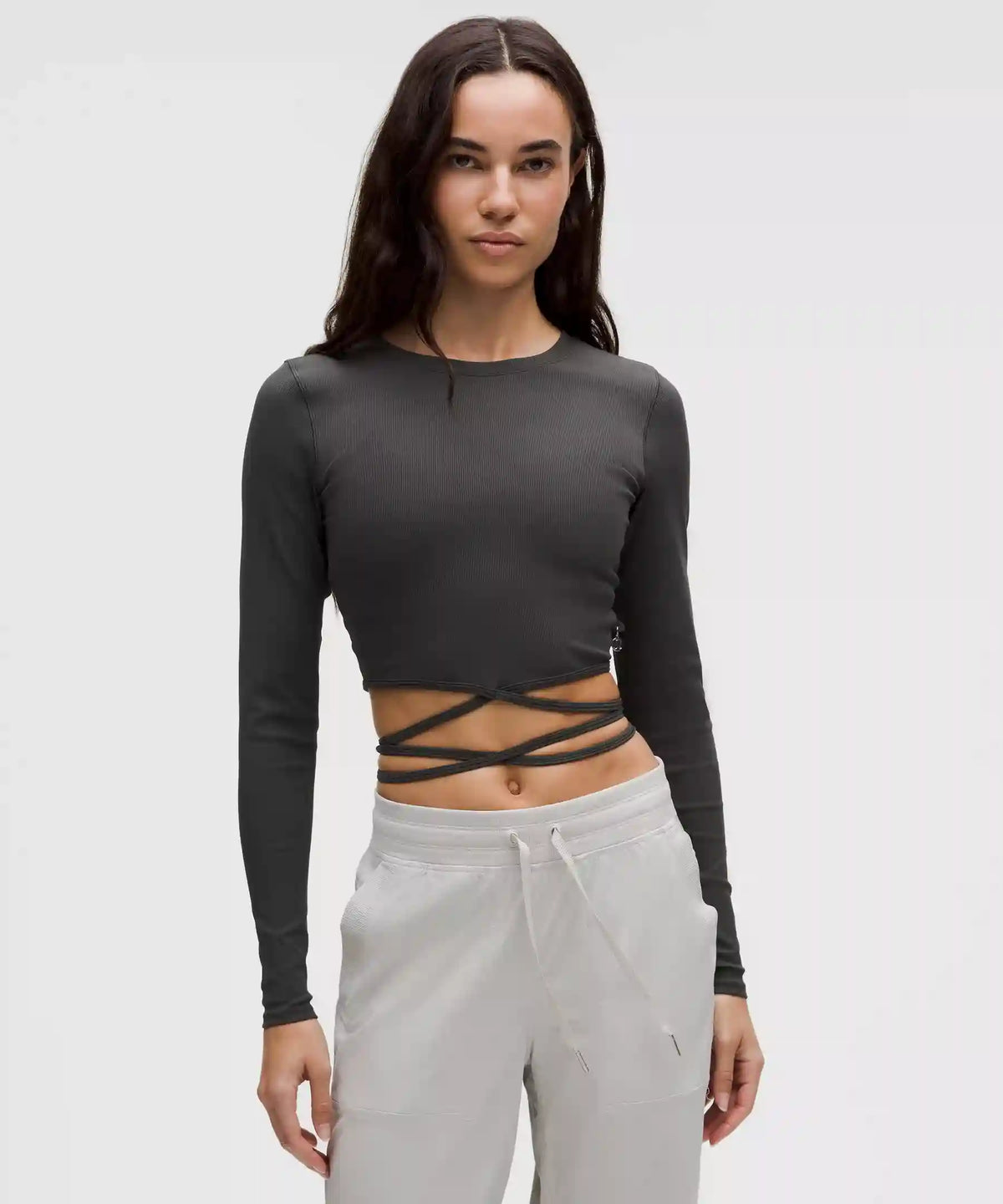 Logo Bead Ribbed Waist-Tie Long-Sleeve Shirt