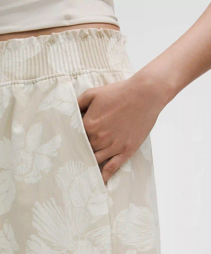 Stretch Woven Ruffle-Waist Wide-Leg Cropped Pant
