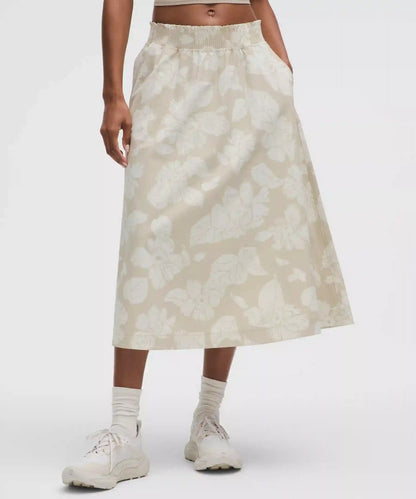 Stretch Woven Ruffle-Waist Midi Skirt
