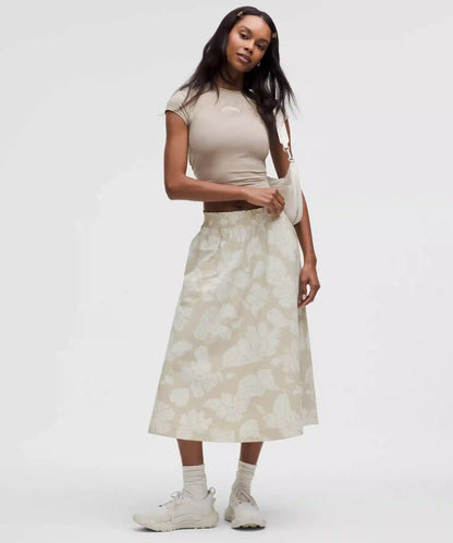 Stretch Woven Ruffle-Waist Midi Skirt