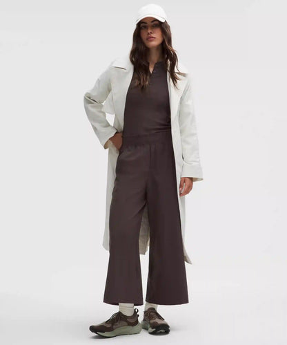 Stretch Woven Ruffle-Waist Wide-Leg Cropped Pant