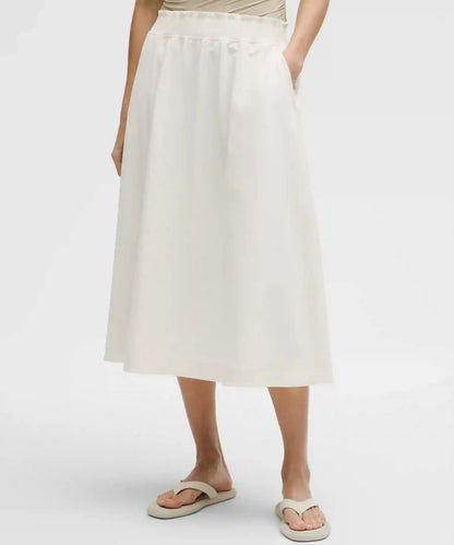 Stretch Woven Ruffle-Waist Midi Skirt