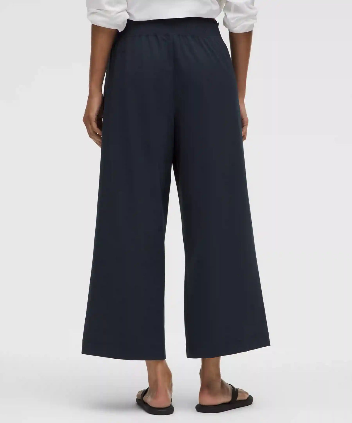 Stretch Woven Ruffle-Waist Wide-Leg Cropped Pant