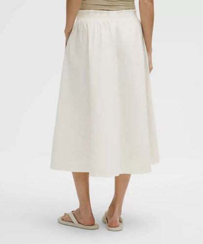 Stretch Woven Ruffle-Waist Midi Skirt